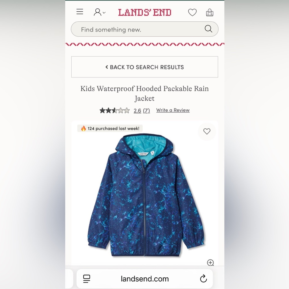 Lands' End Kids Dark Navy Patterned Packable Rain Jacket, size L (10-11), NWOT